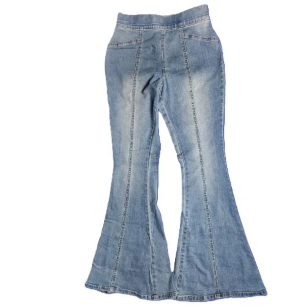 Versona Women’s Pull On Flare Jeans Size 4 Blue Stretch Denim Elastic Waist